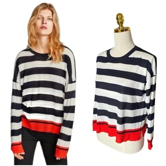 ZARA | Oversized Navy/White Striped Long Sleeve Sweater with Red Trim Size S - Picture 4 of 13